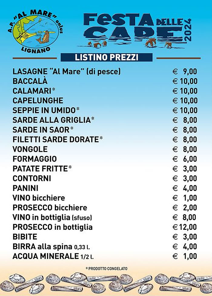 Listino prezzi Festa delle Cape Lignano